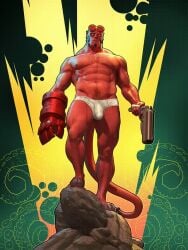 balls bara black_hair broken_horn bulge dark_horse demon facial_hair flaccid hellboy hellboy_(series) horns male male_only muscles muscular penis red_body red_skin silencio solo solo_male tail underwear underwear_only