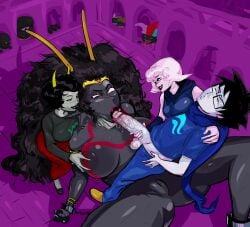 assisted_fellatio blowjob fellatio glasses god_tier_outfit homestuck john_egbert kanaya_maryam lipstick lysanthum roxy_lalonde tagme the_condesce tight_clothing veiny_penis