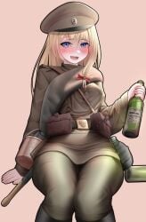 alcohol alcoholic_drink army army_uniform blonde_hair blonde_hair_female blue_eyes blue_eyes_female blush blushing_at_viewer blushing_female brown_belt drunk drunk_female female_soldier girls'_frontline liquor_bottle military military_hat military_uniform mosin-nagant_(girls'_frontline) pale_skinned_female royal russian russian_empire russian_girl soldier thick_thighs unprofessional_behavior unprofessional_behaviour water_bottle