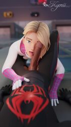 1boy 1girls 3d blonde_hair dark-skinned_male dark_skin female fortnite fortnite:_battle_royale gwen_stacy interracial ky0rii licking_penis male marvel marvel_comics miles_morales penis penis_on_face spider-gwen spider-gwen_(fortnite) spider-man:_across_the_spider-verse spider-man_(series)