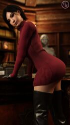 1girls 3d ada_wong biohazard capcom female female_only fully_clothed hands_on_desk hornywitches3d leather_boots looking_at_viewer red_dress resident_evil resident_evil_4 resident_evil_4_remake solo sweater sweater_dress thigh_boots thighhigh_boots