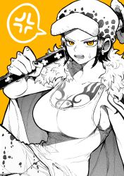 anger_vein angry annoyed big_breasts canon_genderswap cape chest_tattoo cleavage female female_only fully_clothed genderswap_(mtf) hat headwear katana no_bra no_panties one_piece restricted_palette rule_63 shiku_shiku_no_mi short_hair shounen_jump sideboob sitting solo spot_color sweatdrop sword tank_top tattoo tattoos trafalgar_law trafalgar_law_(female) weapon yellow_background yellow_eyes yotsumi_shiro