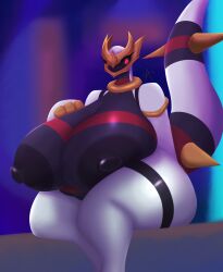 albasora_(artist) anthro areola big_breasts black_areola black_sclera breasts dragon female generation_4_pokemon giratina hi_res huge_breasts hyper hyper_breasts legendary_pokemon nintendo origin_forme_giratina overweight pokemon pokemon_(species) pokemorph red_eyes sitting solo spikes spikes_(anatomy) thick_thighs wide_hips