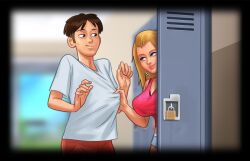 1boy 1girls 2d big_breasts blonde_hair blue_eyes book bottomwear bra breasts brown_hair cleavage clothed clothing darkcookie digital_drawing_(artwork) digital_media_(artwork) duo ear_piercing earrings female grabbing grabbing_partner hallway hiding holding holding_object horny horny_female light-skinned_female light-skinned_male light_skin locker long_hair looking_at_another looking_at_partner looking_down main_character_(summertime_saga) male male/female pants roxxy_(summertime_saga) school shirt shorts standing summertime_saga tank_top topwear