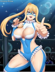 1girls big_breasts blonde_hair blue_eyes breasts capcom female female_only light-skinned_female light_skin metroid nintendo patdarux rainbow_mika_(cosplay) samus_aran solo street_fighter thick_thighs thighs wrestling_ring