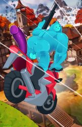 1boy 2023 absurd_res anus ass backsack balls big_dildo big_muscles blue_balls blue_body blue_butt boots boots_only clothing dildo dildo_bike epic_games footwear footwear_only fortnite gaping gaping_anus genitals goo_creature goo_humanoid gun highres holding_gun holding_object holding_ranged_weapon holding_weapon humanoid humanoid_dildo looking_back male male_only mostly_nude motorcycle muscular muscular_humanoid muscular_male open_mouth outdoors outside penis_dildo purple_dildo ranged_weapon riding_motorcycle rippley sex_toy solo spicepupp vehicle weapon