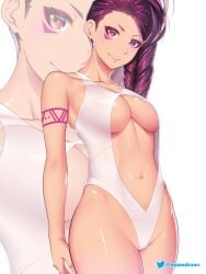 1girls alternate_costume artist_name breasts etchimune female female_only fire_emblem fire_emblem:_three_houses large_breasts looking_at_viewer nintendo one-piece_swimsuit one_piece_suit petra_macneary purple_hair simple_background smile solo swimsuit tattoo thighs tight_clothing underboob white_one-piece_swimsuit white_swimsuit zoom_layer