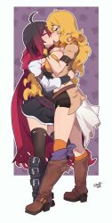 2d 2girls big_breasts black_hair blonde_hair boots breasts cloak closed_eyes clothed clothing female female/female female_focus female_only full_body highres hugging incest incestuous_kiss kissing large_breasts long_hair red_highlights ruby_rose rwby short_hair sibling_incest siblings sisters skirt soulart tagme thick_thighs thighs yang_xiao_long yuri