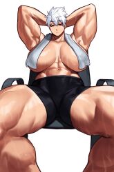 1girls absurd_res after_workout big_breasts dragon_ball dragon_ball_z female female_only hands_behind_head kei_(subway_gorilla) looking_at_viewer muscles muscular muscular_female muscular_thighs narrowed_eyes original original_character red_eyes saiyan short_hair shorts shounen_jump sitting solo sotcho topless towel towel_around_neck unamused white_background white_hair