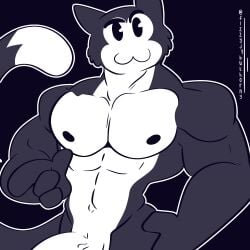 anthro black_body digital_media_(artwork) domestic_cat epic_games felid feline felis fizzyjay fortnite gay genitals hi_res looking_at_viewer male mammal meowscles meowscles_(fortnite) meowscles_(toon) muscular muscular_anthro muscular_male nipples nude penis smile solo