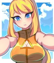 1girls bare_shoulders beauty_mark big_breasts blonde_hair blue_eyes breasts casual_outfit_(metroid) cleavage cleavage_cutout digicheeze eyebrows_visible_through_hair female female_only light-skinned_female light_skin lips looking_at_viewer metroid nintendo ponytail pov samus_aran sky sky_background solo tied_hair