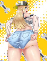 1girls adjusting_clothes alternate_version_available ass ass_focus backboob baseball_cap big_ass blonde_hair blue_eyes blue_shorts bottomwear breasts centi_(nikke) centi_(supreme_holiday)_(nikke) denim_shorts female female_only garuman22 goddess_of_victory:_nikke hair hat headwear huge_ass long_hair looking_back short_shorts shorts solo solo_female thick_thighs thighs tight_shorts topwear wrench