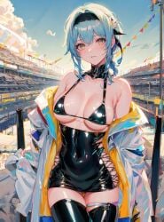 1girls ai_generated bikini blue_hair curvaceous curvy_body curvy_figure dress eula_(genshin_impact) female_focus female_only genshin_impact huge_breasts legwear r race_queen short_hair solo solo_female solo_focus voluptuous voluptuous_female yellow_eyes