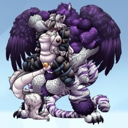 afoxywitch anthro avian balls big_balls big_dom_small_sub big_penis binder_(restraint) chastity_cage chastity_device dominant dragon eastern_dragon genitals gryphon hi_res huge_cock mythological_avian mythology penis restraints size_difference stomach_bulge