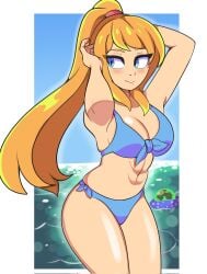 1girls abs big_breasts bikini blonde_hair blue_bikini blue_eyes blue_swimsuit blush breasts cleavage digicheeze fit fit_female light-skinned_female light_skin metroid metroid_(creature) nintendo ponytail samus_aran swimsuit tagme thighs tied_hair white_border