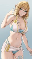 1girls alternate_costume amayo_thranana asymmetrical_bangs bangs bikini blonde_hair blue_bikini blue_swimsuit blush breasts busty choker cleavage curvaceous curvy eunie_(cosplay) female female_only fiora_(xenoblade) green_eyes highres hourglass_figure large_breasts long_hair midriff monolith_soft navel nintendo official_alternate_costume open_mouth peace_sign sideboob smile smiling swimsuit thick_thighs thighs towel towel_around_waist white_choker wide_hips xenoblade_(series) xenoblade_chronicles xenoblade_chronicles_3