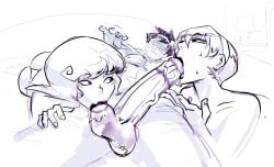 1boy 2girls collaborative_fellatio fellatio female femdom homestuck john_egbert lipstick lipstick_mark lipstick_on_penis lysanthum male multiple_girls orientation_play penis rose_lalonde roxy_lalonde sucking_testicles teamwork