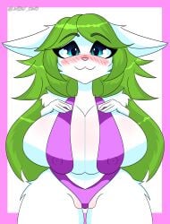 anthro anthro_only big_breasts bikini blue_eyes blush breasts closed_mouth fantasywibuowo fur furry_breasts furry_ears furry_only green_hair huge_breasts paladins pussy salt_(paladins) smile white_fur