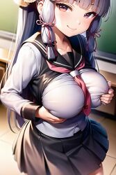 ai_generated big_breasts blush breasts classroom female female_focus female_only foopanthia genshin_impact grabbing hand_on_breast kamisato_ayaka school_uniform self_upload smiling smirking teasing white_hair