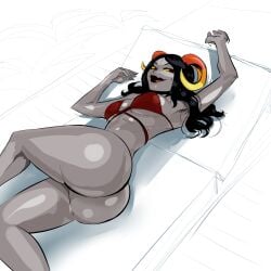 aradia_megido bra homestuck lipstick looking_at_viewer lying_on_side lysanthum smile solo solo_female