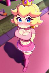 1girls ai_generated blonde_hair blue_eyes blush breasts cleavage clothing crop_top crown female female_only from_above large_breasts mario_(series) midriff miniskirt narrow_waist nintendo outdoors park pov princess princess_peach short_skirt shortstack skindentation skirt slender_waist small_waist solo standing thighhighs tiny_waist toned