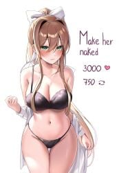 1girls bare_legs bare_shoulders bedroom_eyes big_breasts black_bra black_panties bra breasts brown_hair doki_doki_literature_club female green_eyes hair_ribbon half-dressed large_breasts lingerie looking_at_viewer machulanko midriff monika_(doki_doki_literature_club) panties ponytail staring_at_viewer string_panties strip strip_game stripping thick_thighs thighs underwear underwear_only undressing