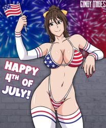 1girls against_wall american_flag american_flag_bikini artist_name big_breasts bikini breasts brown_hair busty character_request cleavage female female_only fireworks flag_print hair_ribbon large_breasts legs navel ponytail ribbon smile solo swimsuit thighs thong_bikini voluptuous