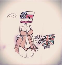 ... 1boy 1girls blush clothing countryhumans countryhumans_girl female flawsy grey_background lingerie male moustache pink_lingerie simple_background underwear united_kingdom_(countryhumans) united_states_of_america_(countryhumans)