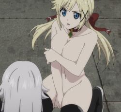 2d 2d_(artwork) 2girls anime anime_style anri_haynesworth big_breasts blonde blonde_female blonde_hair blue_eyes breasts collar covering_breasts covering_crotch duo duo_female female female_only hand_on_breast kneeling legwear long_hair looking_at_viewer multiple_girls naked naked_female nude nude_female on_floor open_mouth stockings thick_thighs wide_hips yuna_yunis yuusha_ga_shinda!