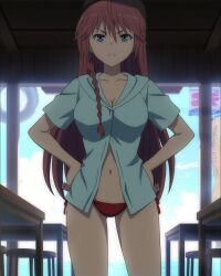 1girls accurate_art_style asami_lilith beach big_breasts bikini blue_eyes bow breasts busty cleavage female female_only hands_on_own_hips highres large_breasts legs long_hair navel ocean pointy_chin red_bow red_eyes screencap serious shirt stitched swimsuit thighs third-party_edit trinity_seven voluptuous water