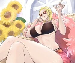 big_breasts bikini bikini_top black_bikini blonde_hair brown-tinted_eyewear canon_genderswap crossed_legs donquixote_doflamingo earrings feather_coat female female_only genderswap_(mtf) kituneduka_710 low-angle_view medium_hair one_piece rule_63 sitting smile solo sunflower sunglasses tinted_eyewear tongue_out underboob