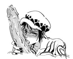 1boy 1girls big_penis blush donquixote_rosinante erection faceless_male fellatio female female_focus genderswap_(mtf) guillartee hat headwear huge_cock licking_penis looking_at_viewer male male_pov monochrome nail_polish one_piece oral penis rule_63 screentone short_hair shounen_jump sketch tattoos trafalgar_law trafalgar_law_(female) uncensored veiny_penis