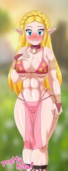 1girls abs armbands artist_name big_breasts bikini blonde_hair blush breath_of_the_wild choker crown_braid elf_ears female female_only green_eyes hand_on_chest hand_on_own_chest hourglass_figure light-skinned_female light_skin long_blonde_hair long_hair looking_at_viewer nintendo pink_bikini pk-studios princess_zelda solo tagme the_legend_of_zelda the_legend_of_zelda:_breath_of_the_wild thick_thighs triforce triforce_bikini zelda_(breath_of_the_wild)