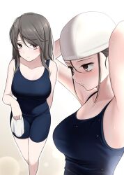 alternate_hairstyle armpits bags_under_eyes big_breasts black_hair blue_one-piece_swimsuit breasts collarbone feet_out_of_frame female hat highres holding holding_clothes holding_hat ikari_manatsu kurai_ano_ko_to_shitai_koto kurai_anoko_to_shitai_koto large_breasts light_frown multiple_views new_school_swimsuit one-piece_swimsuit red_eyes sasaki_touko school_swimsuit sidelocks swim_cap swimsuit upper_body wet