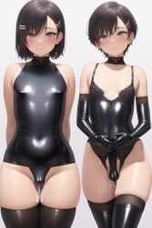 2boys ai_generated black_hair blush bulge cum erect_nipples femboy girly gloves hairclip latex latex_gloves latex_thighhighs pixai semen thighhighs trap zoopster