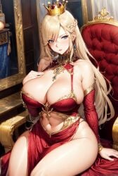 1girls 2023 ai_generated ai_hands attack_on_titan bangs big_breasts big_butt blonde_hair blue_eyes breasts_bigger_than_head cleavage clothed_female crown curvy_female curvy_figure disappointed disapproval earrings frowning furrowed_brow gold_jewelry gold_trim hair_between_eyes hand_on_breast historia_reiss hourglass_figure huge_breasts jewelry large_breasts long_hair looking_at_viewer mature mature_female milf navel necklace princess queen red_dress royalty scowl sitting sitting_on_throne solo_focus stable_diffusion throne wide_hips