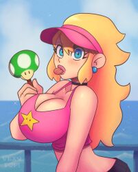 1-up_mushroom 1girls :p artist_name big_breasts big_lips black_shorts blonde_hair blue_eyes blush bottomwear breasts busty choker cleavage clothed clothing cloud collarbone earrings female female_only food fully_clothed hat holding holding_popsicle large_breasts lips lipstick long_hair looking_at_viewer mario_(series) midriff mushroom nintendo ocean pink_headwear pink_lips pink_lipstick pink_shirt popsicle princess princess_peach print_shirt shirt shorts sky solo solo_female sparkle star_(symbol) star_print starman_(mario) super_mario_bros. tank_top thick_lips tight_clothing tongue tongue_out topwear vexypop visor visor_cap voluptuous water