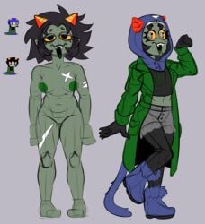 areolae breasts clothed clothing colored_sketch grey_skin homestuck hood hood_up leggings midriff ms_paint_adventures nepeta_leijon nude nude_female pierump shirt shorts sketch troll