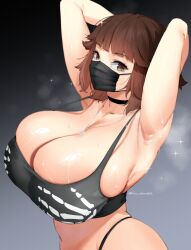 1girls armpits arms_behind_head big_breasts breasts brown_eyes brown_hair busty character_request cleavage female female_only huge_breasts jewelry looking_at_viewer lulu-chan92 midriff navel necklace pose posing sensual sexy_armpits short_hair solo sweat tank_top thong voluptuous