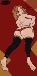 1girls big_ass big_breasts braless dialogue feet harry_potter hermione_granger leg_sleeves legs lips looking_back_at_viewer pantsless redquill07 shirtless thick_thighs thigh_highs