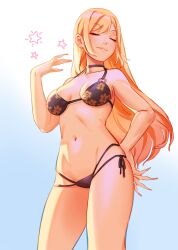 1girls 2022 2d bikini bikini_bottom bikini_only bikini_top blonde_hair breasts closed_eyes dnaitari ear_piercing eyebrow_through_hair eyebrows female female_only human human_female human_only kitagawa_marin light-skinned_female light_skin long_hair navel piercing smile solo sono_bisque_doll_wa_koi_wo_suru standing star_(symbol) tagme