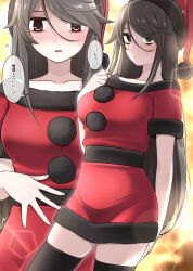 bags_under_eyes big_breasts black_thighhighs breasts christmas collarbone dress expressionless female flying_sweatdrops hand_on_own_thigh hat ikari_manatsu kurai_anoko_to_shitai_koto large_breasts long_hair multiple_views original parted_lips red_headwear santa_costume santa_dress santa_hat sasaki_touko shirt skindentation thighhighs zettai_ryouiki