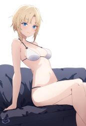 1girls arm_support artist_name bikini blonde_hair blue_eyes breasts cleavage couch crossed_legs female female_only kaori_shiruko legs looking_at_viewer medium_breasts navel original short_hair sitting smile solo swimsuit thighs white_bikini