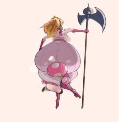 2girls ass blonde_hair bodysuit female female_only high_heels holding_weapon huge_ass mario_(series) multiple_girls nintendo princess_peach puntthepoodle simple_background super_mario_bros._(2023_film) tagme tight_clothing toadette weapon