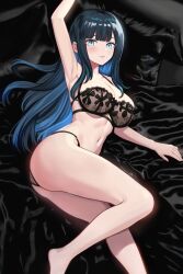 1girls arm_up armpits bare_legs barefoot big_breasts black_bra black_panties blue_archive blue_eyes blue_hair blunt_bangs bra breasts busty cleavage feet female female_only highres large_breasts legs lingerie long_hair looking_at_viewer lying navel panties parted_lips saori_(blue_archive) sensual shinsaku_(stan-art) solo stomach thighs underwear underwear_only very_long_hair voluptuous