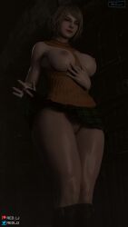 1girls 3d american aqua_eyes ashley_graham ashley_graham_(ella_freya) blender_(software) blonde_hair blue_eyes capcom checkered_skirt female female_only green_eyes green_skirt light-skinned_female looking_at_viewer medium_hair no_panties open_shirt open_skirt petite presenting_breasts pussy red_lj resident_evil resident_evil_4 resident_evil_4_remake skirt solo turtleneck uniform vagina yellow_hair