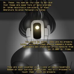 1girls breasts dialogue female glados hanging_breasts huge_breasts hyper_breasts large_breasts looking_at_viewer pierump portal_(series) robot robot_girl screen_face solo solo_female text