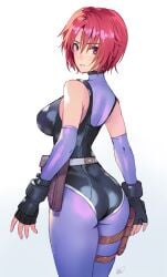 1girls ass big_ass big_breasts breasts busty capcom dino_crisis female female_only fingerless_gloves gloves large_breasts legs leotard matsuda_(matsukichi) parted_lips pink_lips red_hair regina_(dino_crisis) seductive_smile short_hair sideboob smile solo thighs