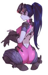 2023 2d armwear ass black_pupils blizzard_entertainment blue_hair breasts brown_hair clothed clothed_female digital_media_(artwork) dnaitari eyebrows eyelashes hair heels human human_female human_only kneeling kneeling_female long_hair looking_at_viewer overwatch ponytail purple-skinned_female purple_lipstick purple_skin rear_view tagme tattoo white_background white_sclera widowmaker yellow_eyes