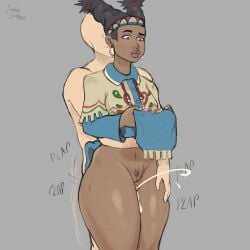 1boy 1girls black_hair bottomless cum cumshot dark-skinned_female jumbogumbo lily_hawk pubic_hair pussy street_fighter street_fighter_6 thick_thighs thigh_sex thighs twin_braids wide_hips